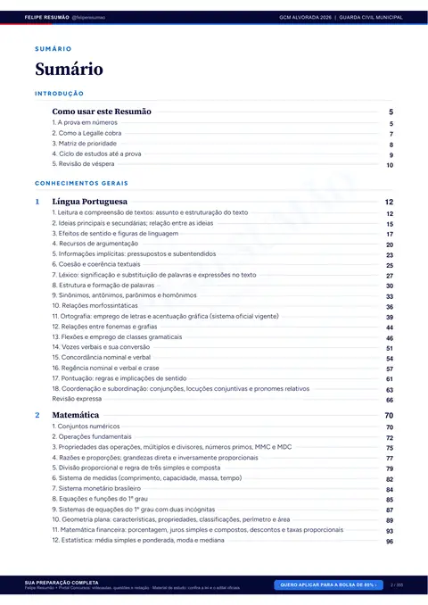 Página 3 da apostila: Sumário, Todas as disciplinas do edital, na ordem