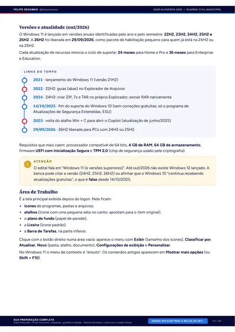 Página 108 da apostila: Informática, Windows 11: interface, Área de Trabalho, Menu Iniciar e Barra de Tarefas